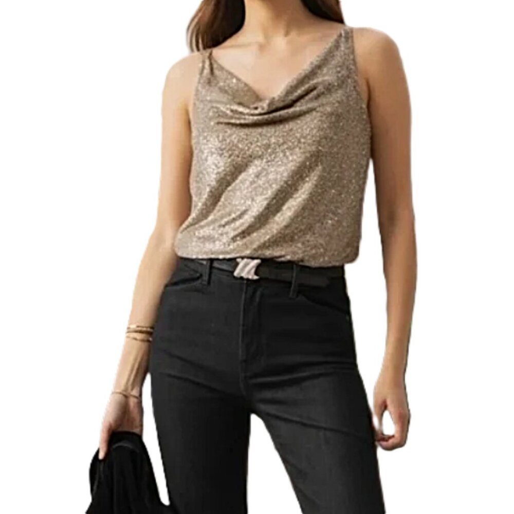 White House Black Market Sequin Cowl Neck Tank Top size M